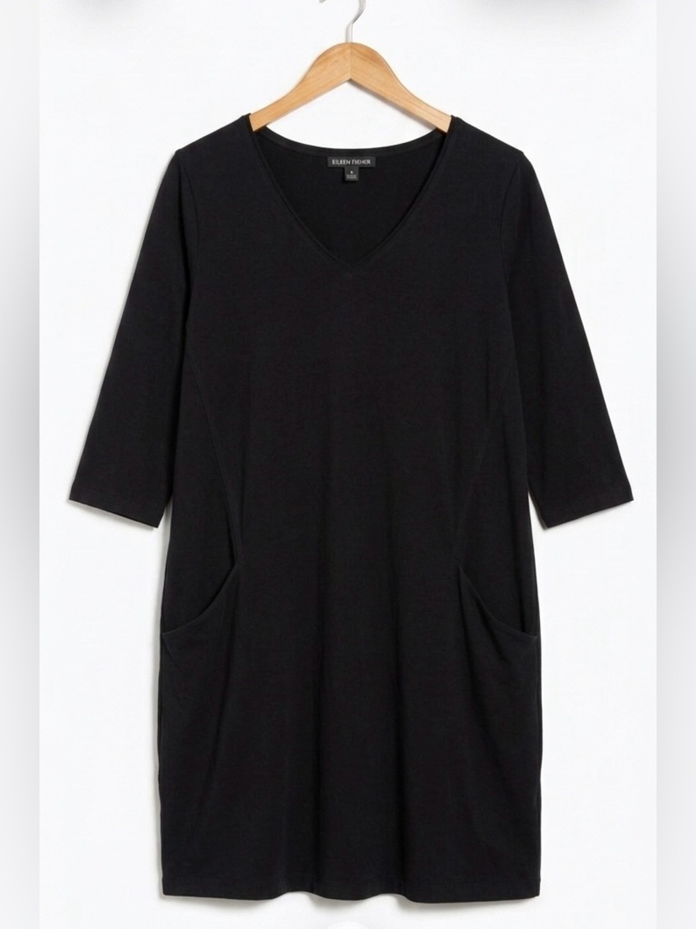 EILEEN FISHER Black Organic Cotton V-Neck Tunic Dress Pockets Size L Lagenlook